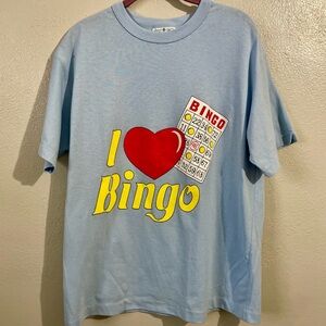 Vintage Village Fair I Love Bingo Graphic Tee Shirt Size Large Blue Cotton Retro